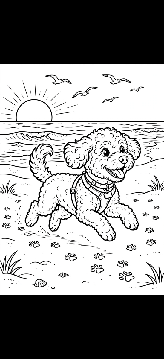 Sample coloring-book page: a dog at the beach