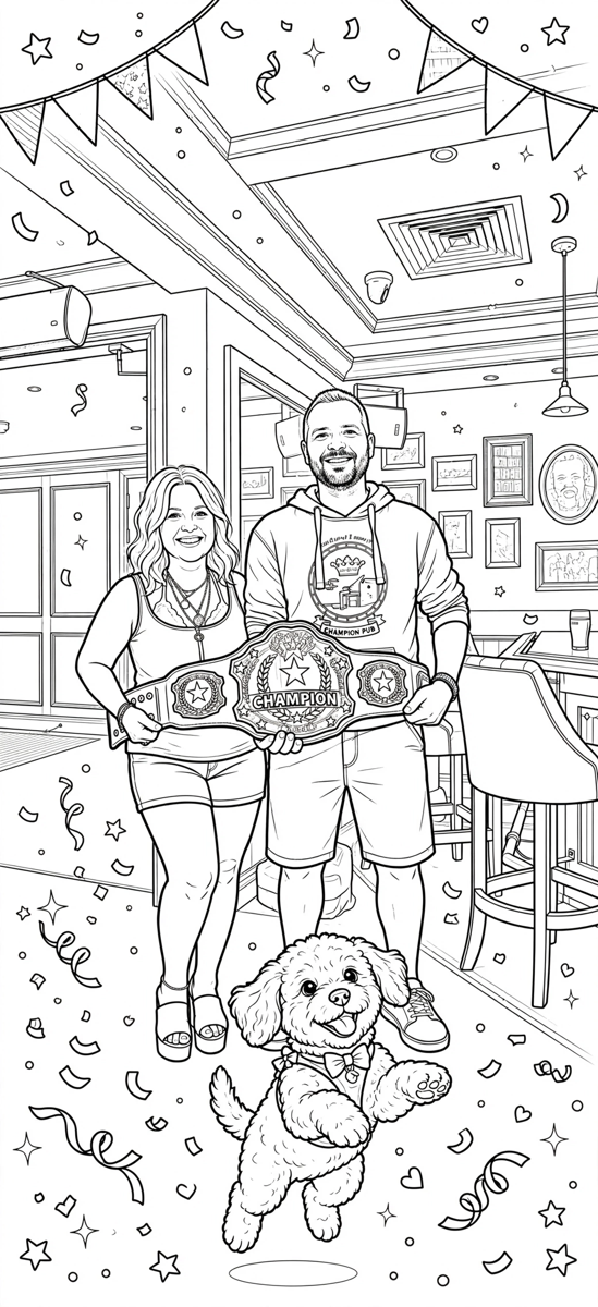 Sample coloring-book page: a champion pup