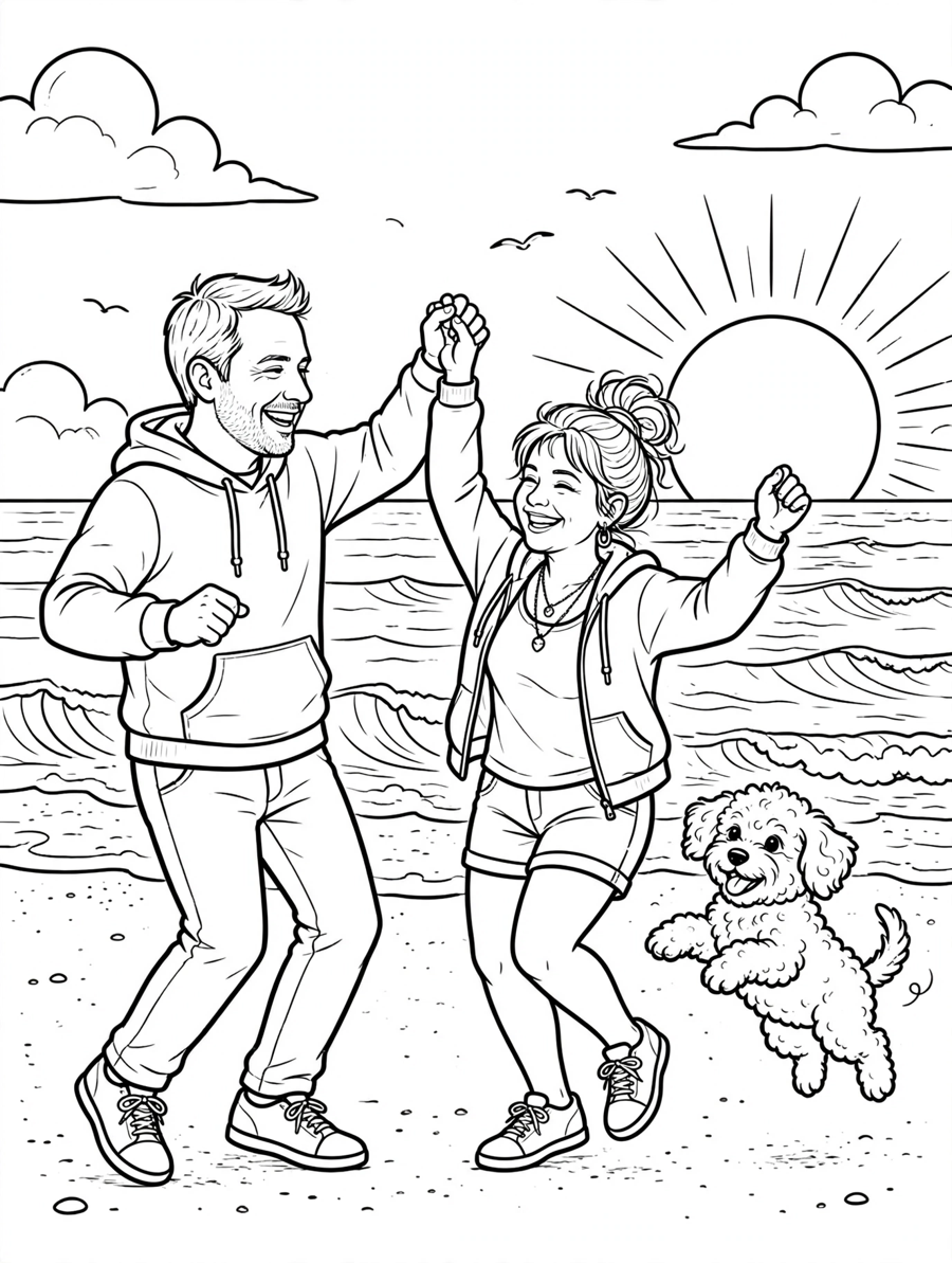 Coloring page: dancing at sunset